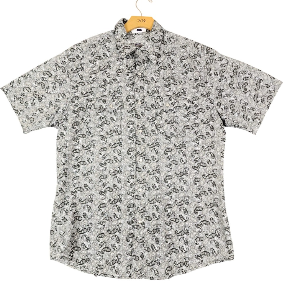 Wrangler Wrancher Mens Large Black White Paisley Pearl Snap Western Shirt SS‎
